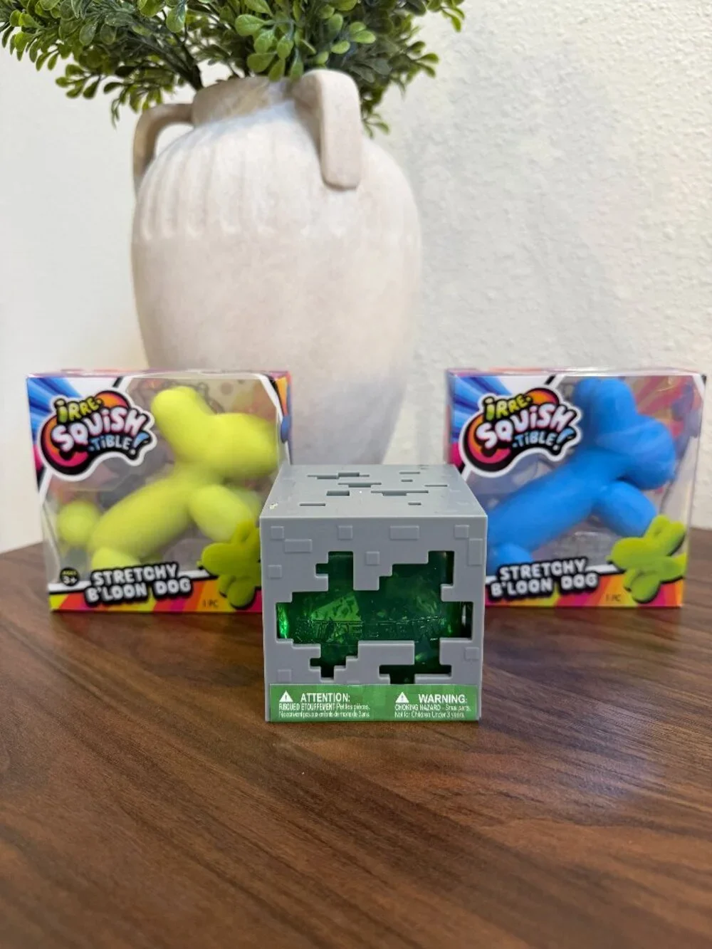 3-Piece Squishy Toy Lot – Minecraft Creeper Cube & Stretchy Balloon Dogs NIP